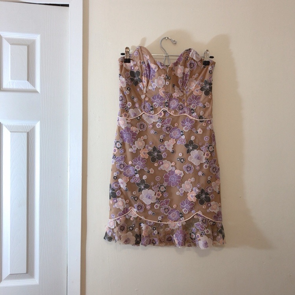 For Love & Lemons Neutral Floral Strapless Dress